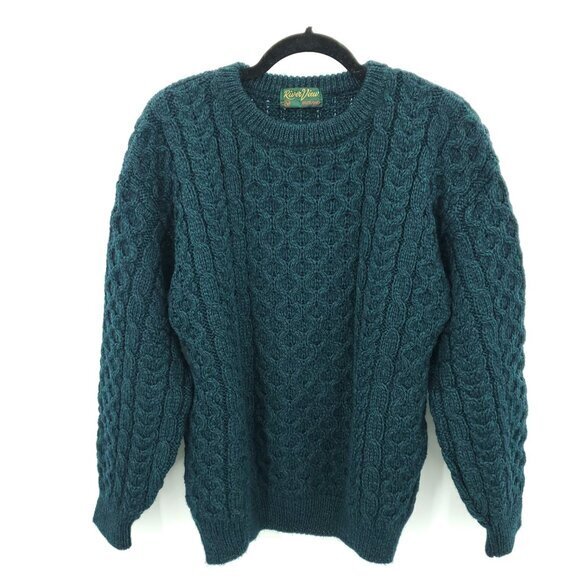 VTG 90s River View Ireland Pure New Wool Chunky Crew Neck Cable Knit Sweater M/L - Picture 1 of 16